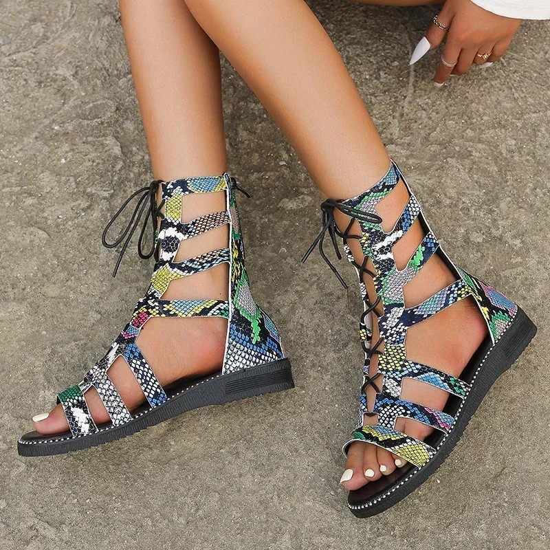 Fashion Summer Womens Sandals Hollow Round Head Cross Strap Rhinestone Back Zipper Casual Flat Shoes 250617