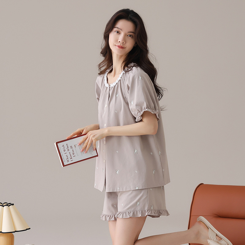 B933-Cotton pajamas women's summer cardigan short-sleeved shorts high-end sense can be worn outside pure cotton home clothes summer suit