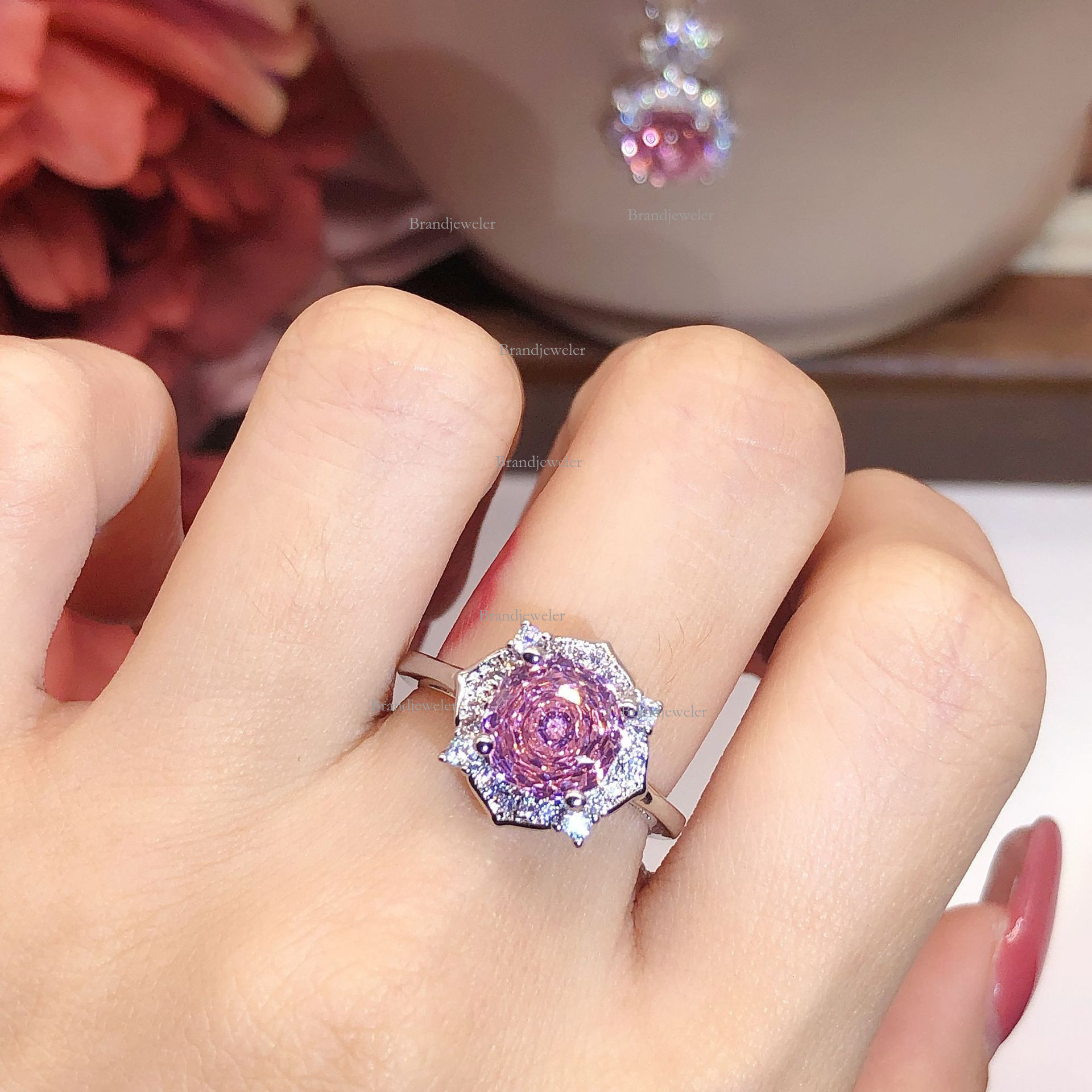 2025 New Model Millennial Rose Cut Octagon Pink Zircon Free Delivery Flower Necklace Pendant Light Luxury Designer Necklace Open Ring Earring Set