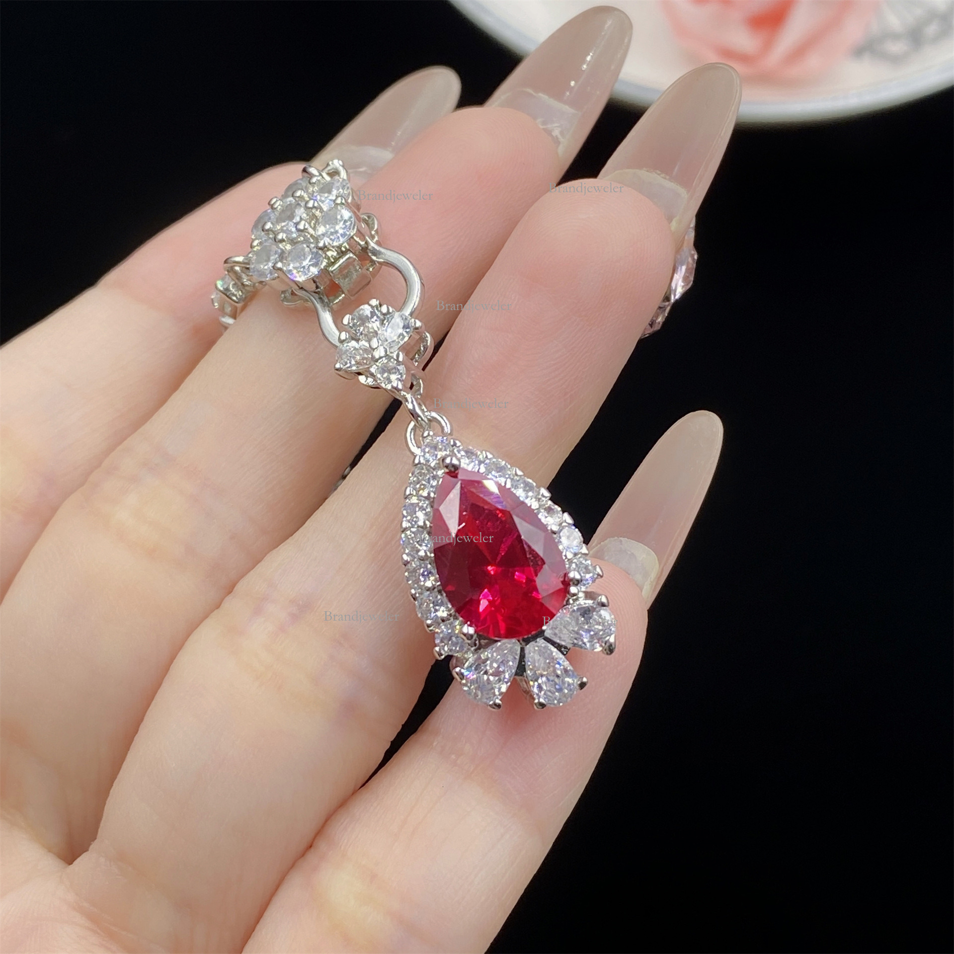 Back Cover Red Corundum Water Drop Shape Three-piece Full Diamond Open Ring For Free Delivery Model Women Designer Necklace Elegant Luxurious Pendant 