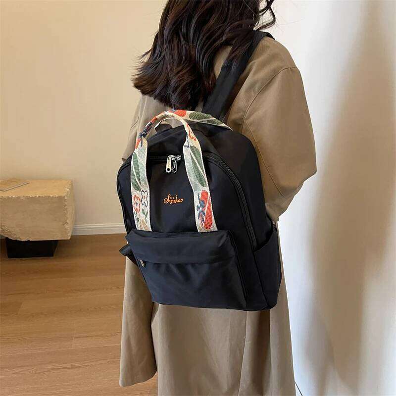 Nylon Fabric Fashion Backpack For Women Floral Hand Strap Pure Color Large Capacity Travel Bag Multi-Pocket School Book Rucksack