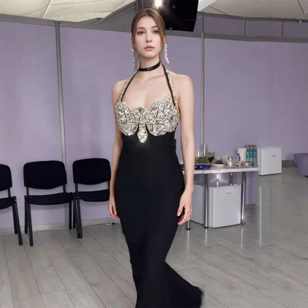 Long Dress Autumn Women S Hot Sale Black Rhinestone Halter Neck Sexy Backless Celebrity Stage Performance Bandage Dress Sexy Long Skirt