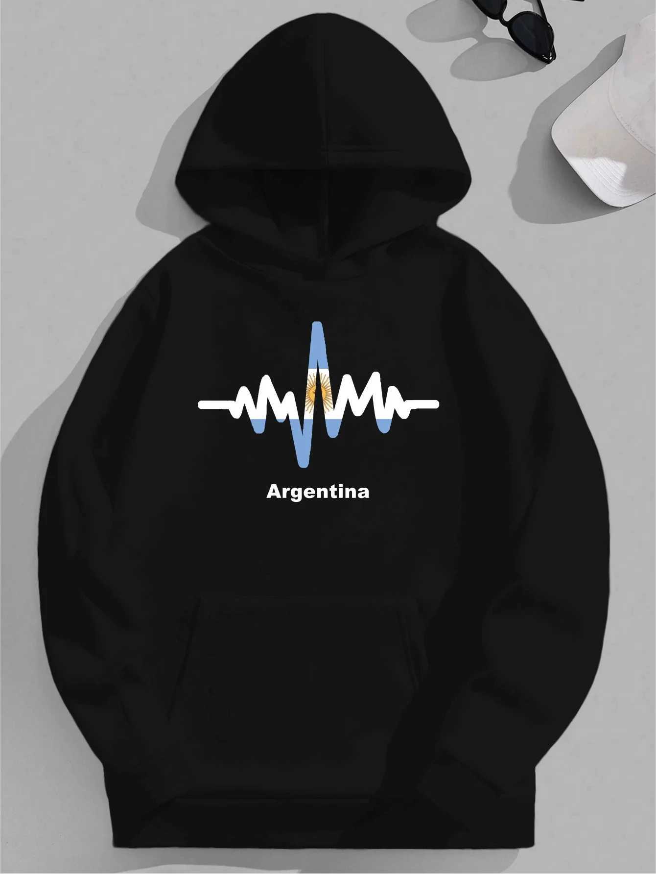 Argentina Flag Heartbeat Graphic MenS Hoodies Casual Style Loose Fit Geometric Pattern Hooded Collar Non-Stretch XJ250621