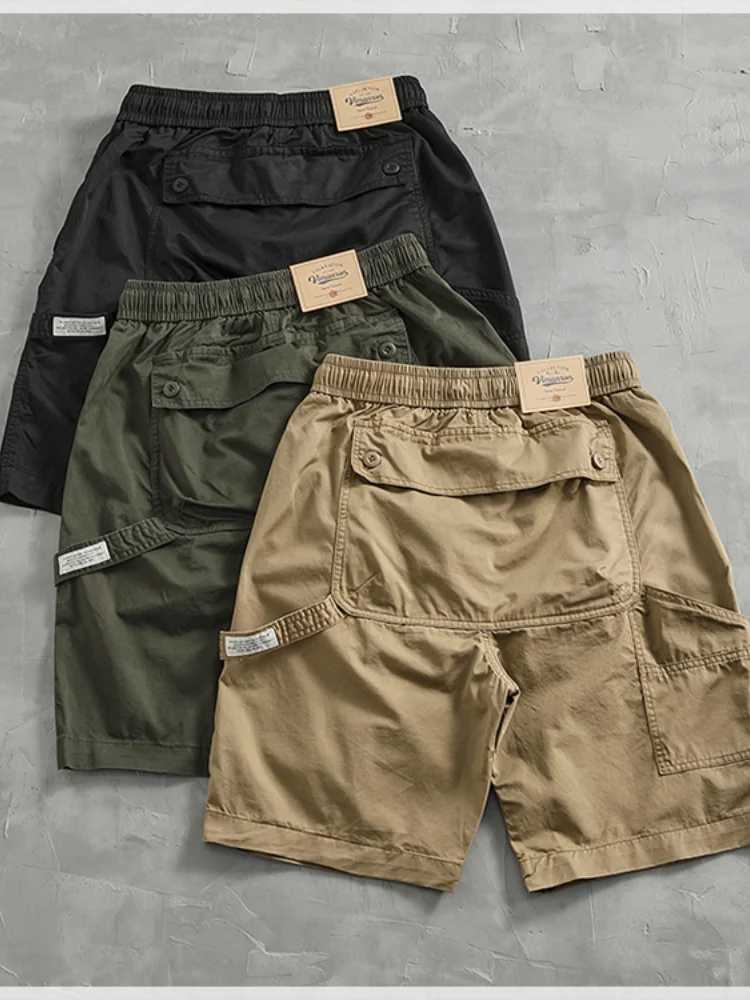 Summer New American Retro Elastic Waist Woven Cargo Shorts Mens 00% Cotton Functional Loose High Street Youth Five-point Pants W250621