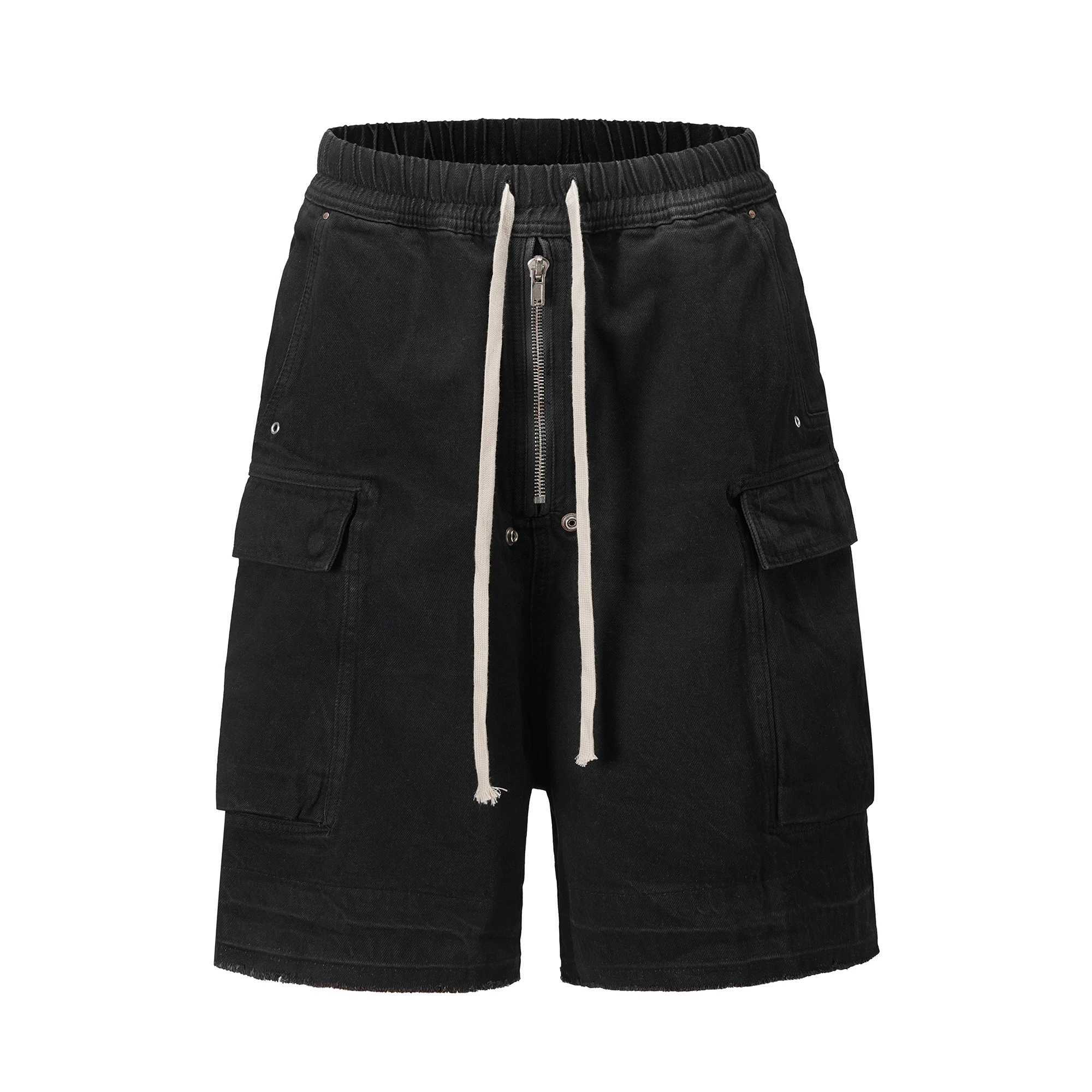 Hip Hop Vintage Wax Printing Acid Washed Black Cargo Shorts Baggy Drawstring Stretch Zip Up Distressed Cargo Shorts Men W250621