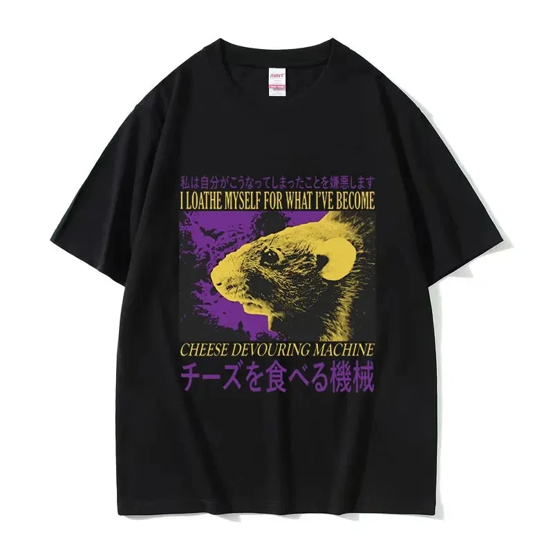 Funny Cheese Machine Japanese Rat Graphic T Shirts Men Vintage Fashion O-Neck Oversized T-shirt Y2k Unisex