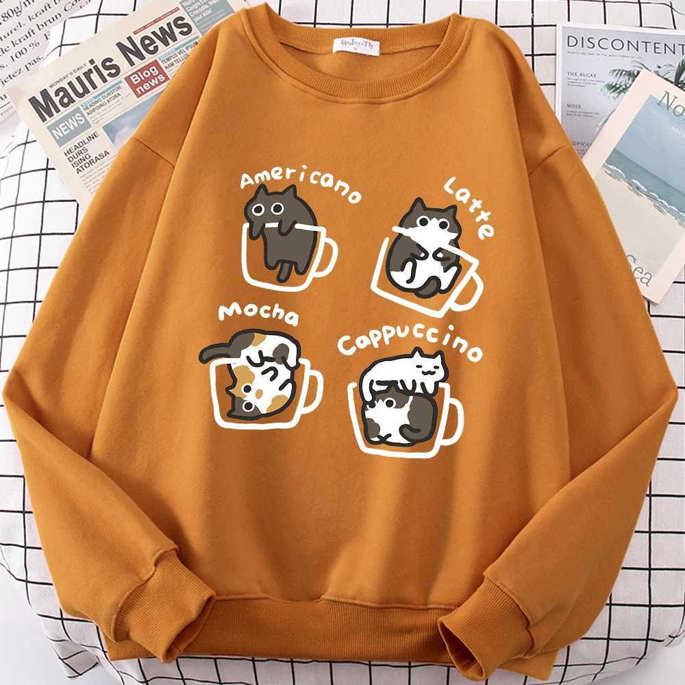 American Style Coffee Cat Cute Print Cartoons Hoodie Men Women Sweatshirt Loose Warm Clothes Personality Autumn Hoody Couple XJ250621