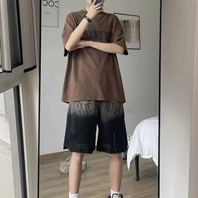 Bermuda with Text Loose Long Baggy Mens Denim Shorts with Pockets Short Jeans Pants for Men Half Wide Emo Summer Blue Vintage Buttons W250621