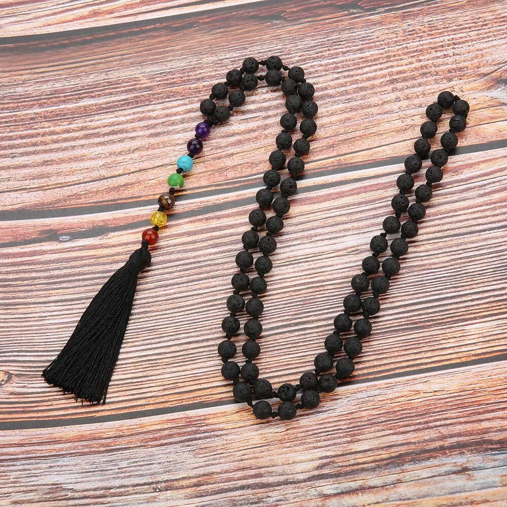Luxury Attract Prosperity 8MM Beads Chakra Long Mala Necklace Natural Stone Meditation Statement Necklace Yoga Rosary Prayer Charm Beaded Tassel Neckl