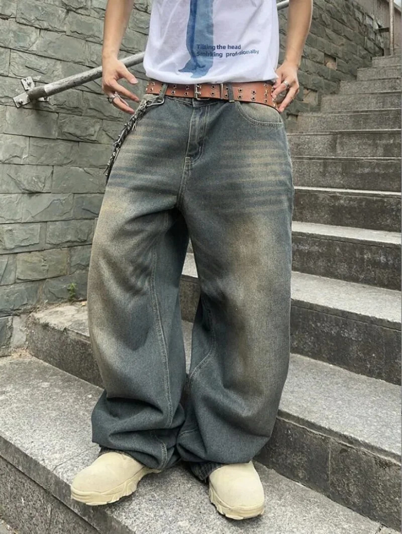 2025 Mens Baggy Denim Pants Wide Leg High Waist Belt Casual Trousers Loose Plus Size Stylish Streetwear Mens Streetwear 250617