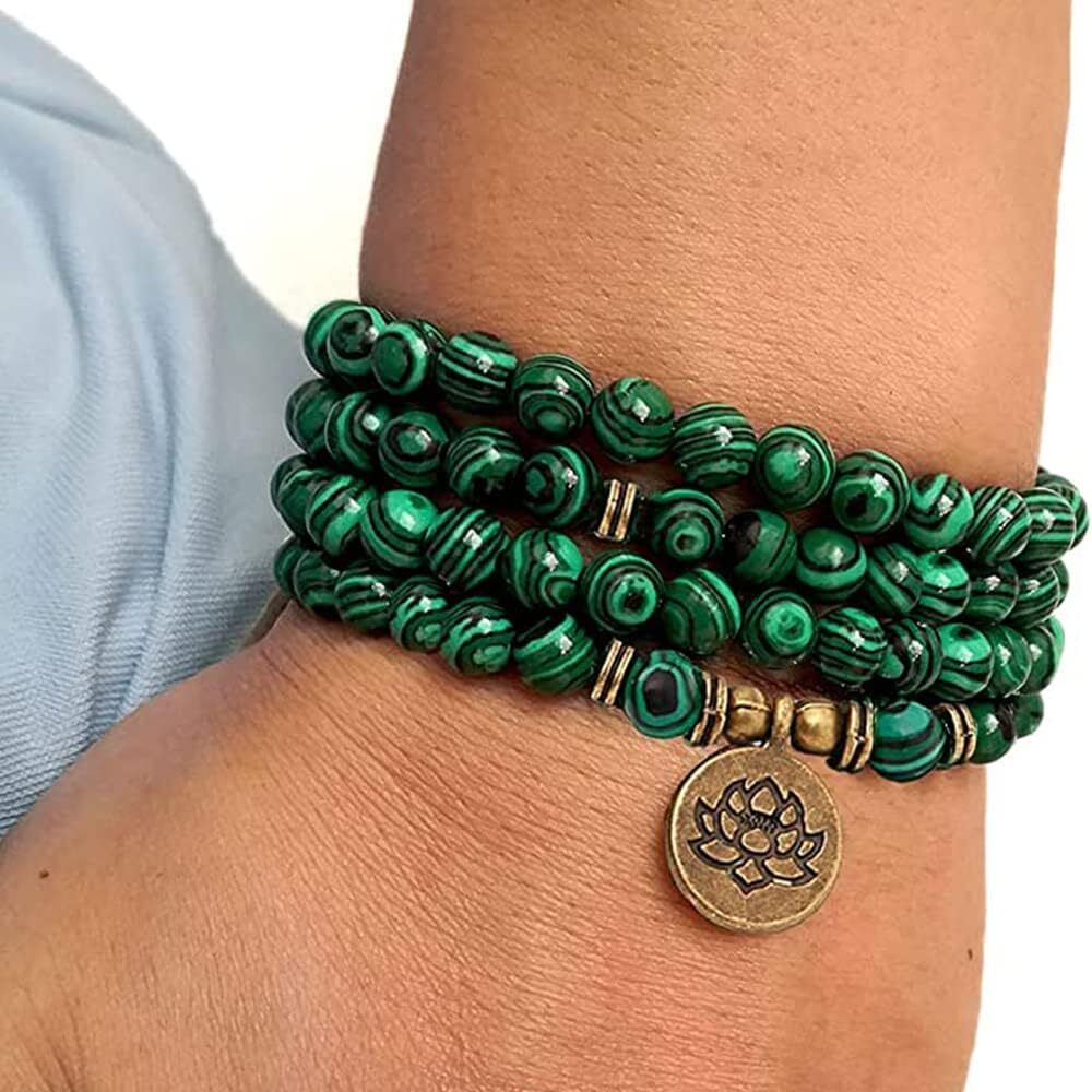 Luxury Bead Strand Bracelet 108 Buddhist Prayer Beads Yoga Meditation Green Malachite Beads Necklace Women man Wealth Attraction Buddhist Consecration