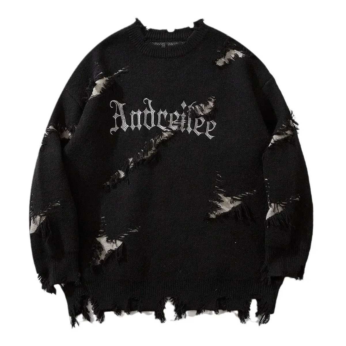 American style dark style trendy perforated letter jacquard contrasting color personalized street loose unisex sweater Z250621