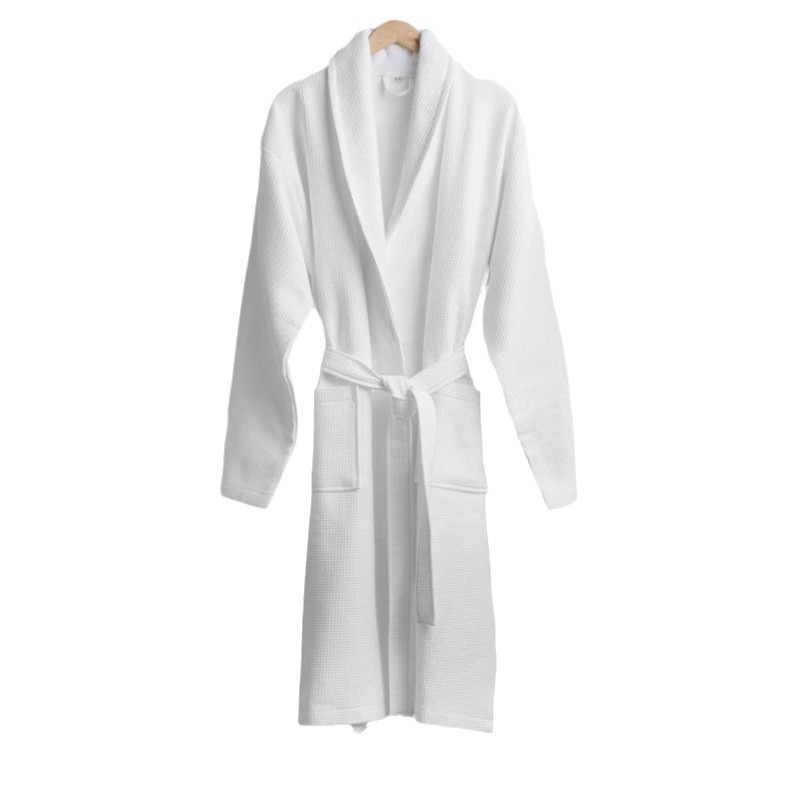 B934-Cotton long waffle bathrobe with pockets Quick-absorbing soft skin-friendly robe