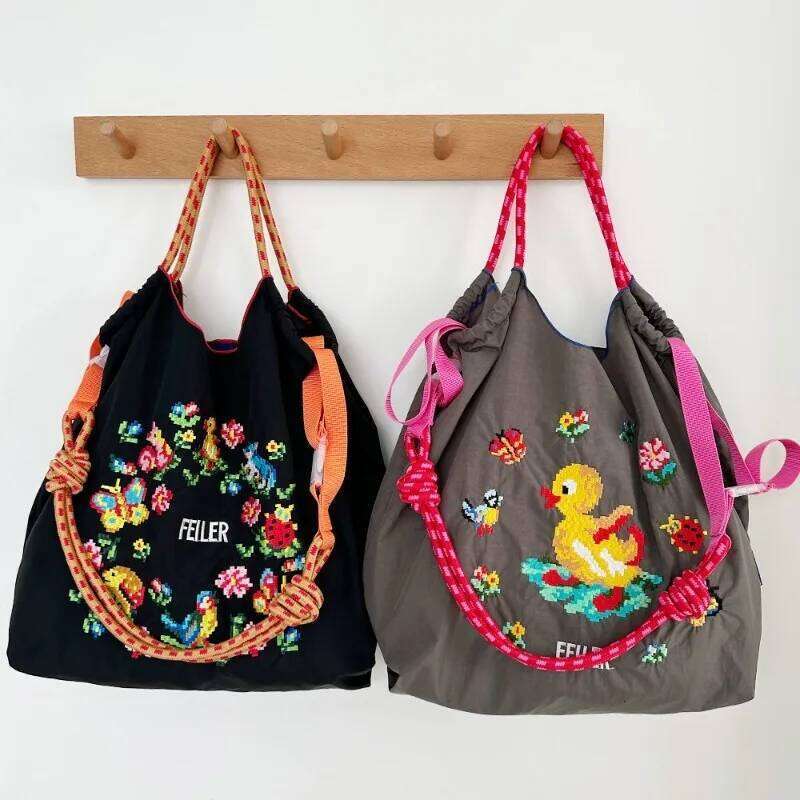FEILER Oxford Cloth Large Draw String Hand Capacity Portable Shoulder Foldable Bag Embroidery Designer Bags