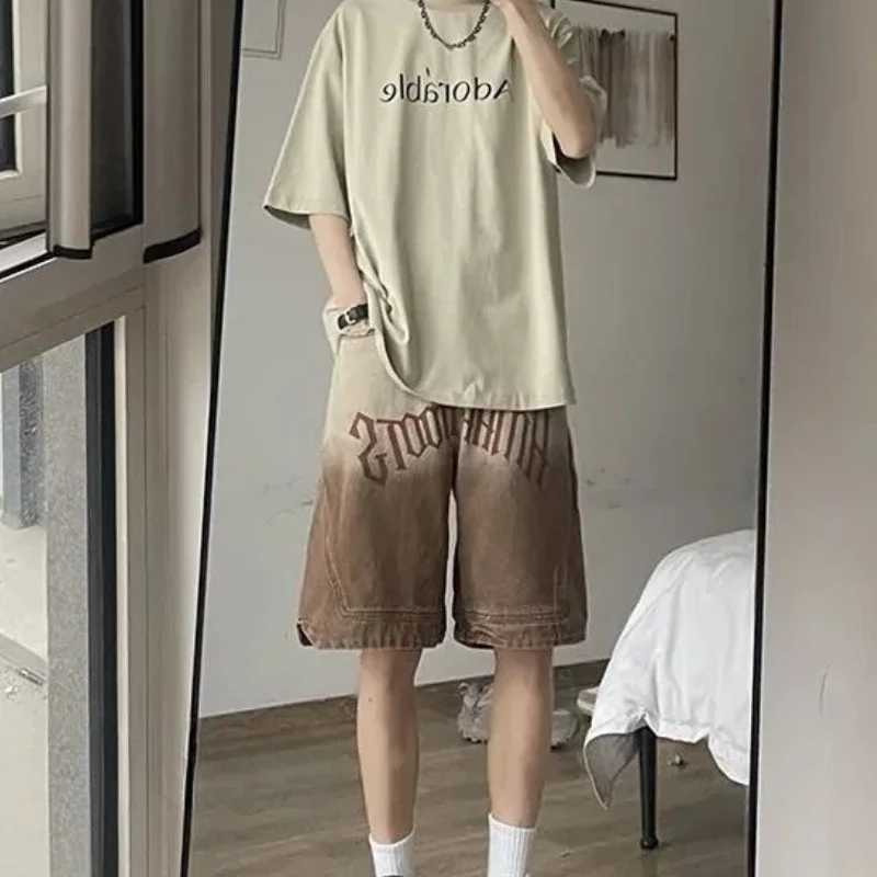 Bermuda with Text Loose Long Baggy Mens Denim Shorts with Pockets Short Jeans Pants for Men Half Wide Emo Summer Blue Vintage Buttons W250621