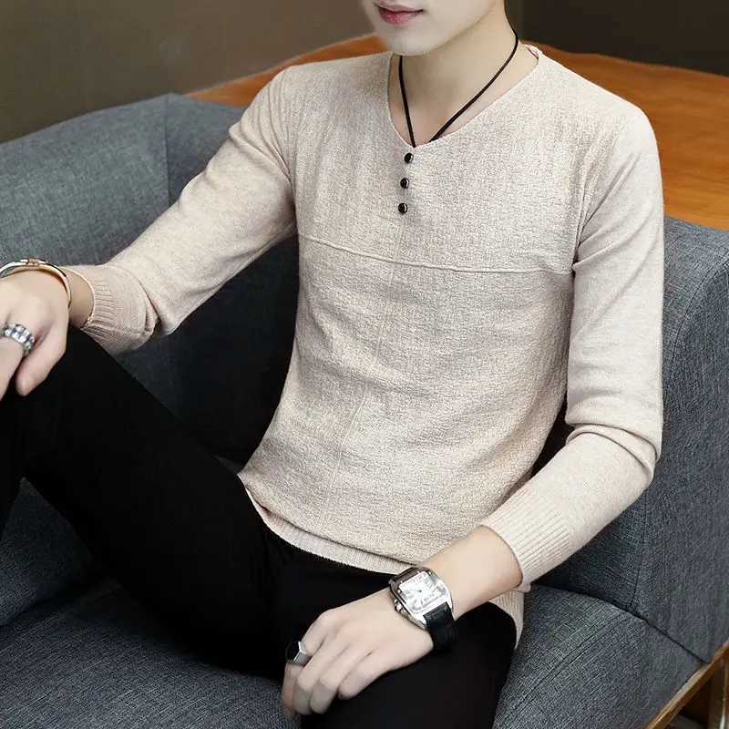 Fashion Solid Color V-Neck Knitted Button All-match Sweater Mens Clothing 2022 Autumn New Casual Pullovers Loose Korean Tops Z250621