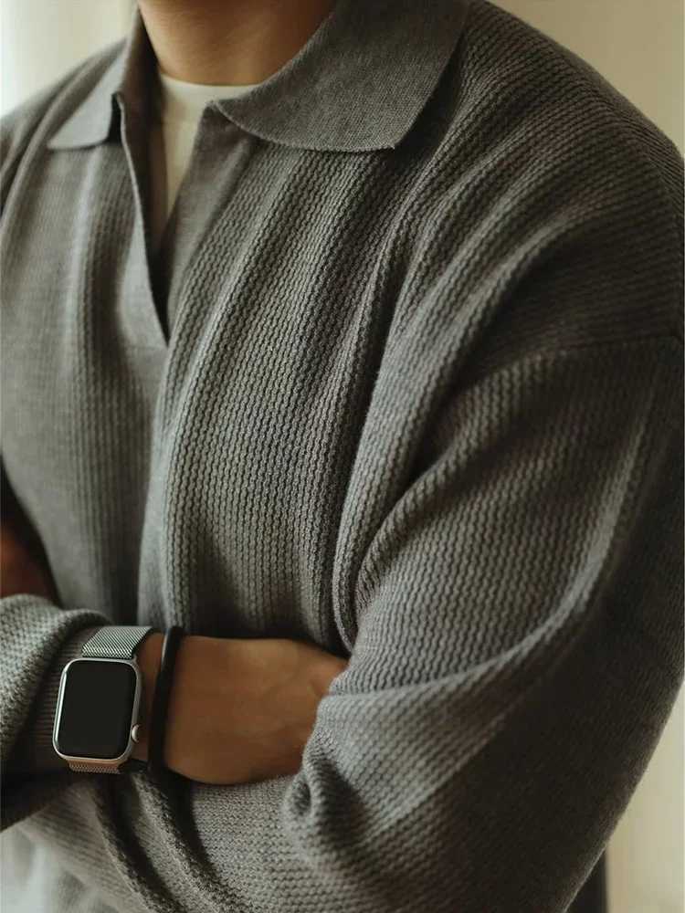 Fall Casual Sweater Mens Knitted Shirts Long Sleeve Turn-down Collar Jumper Tops Men Vintage Knitwear Solid Color Tops Z250621