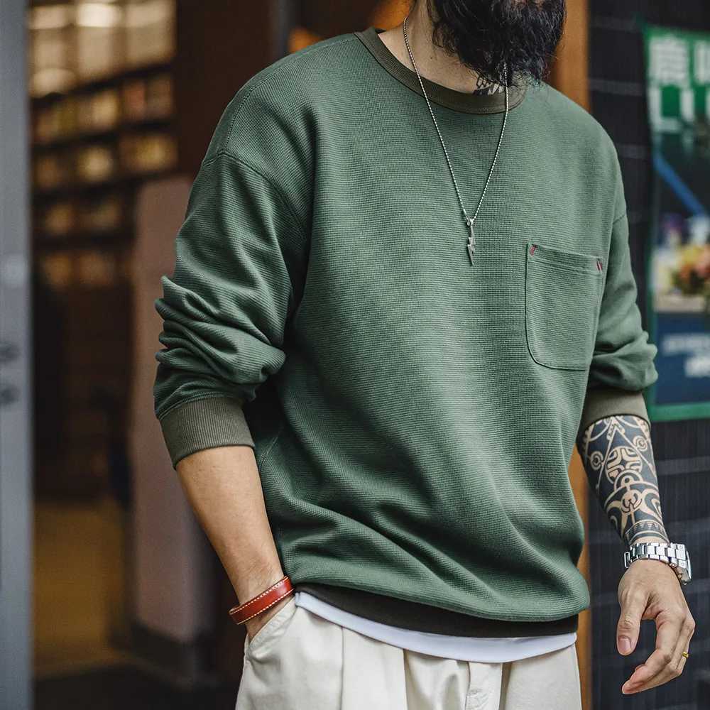Maden Casual Waffle Knit Pocket Hoodie Mens Spring Loose Fit Long Sleeve Pullover Round Neck Sweatshirt Comfortable T-Shirt XJ250621