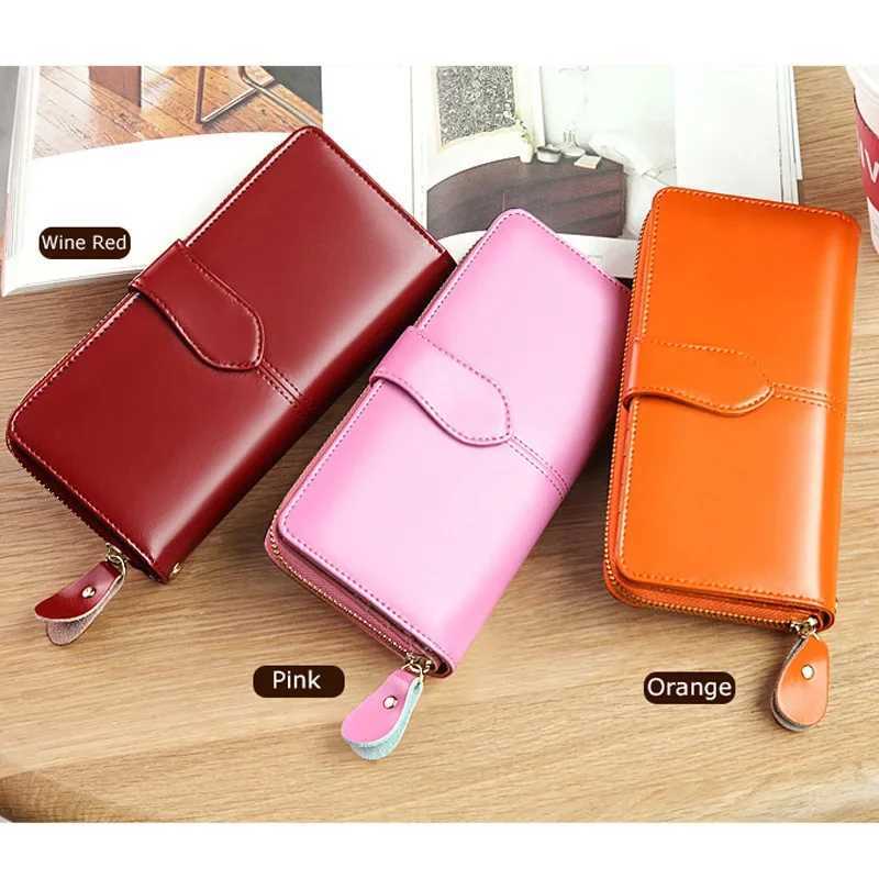 Genuine Leather Fashion Womens Long Wallet Large Capacity Card Holder Wallet Female Purse Multi Functional Red Wristlet Wallets W250620