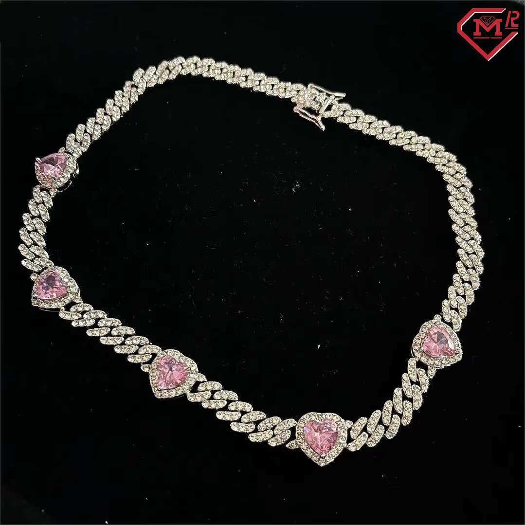 Luxury Moissanite Miami Cuban Chain Iced Out Pink Heart Custom Necklace Silver Moissanite Cuban Link Chain