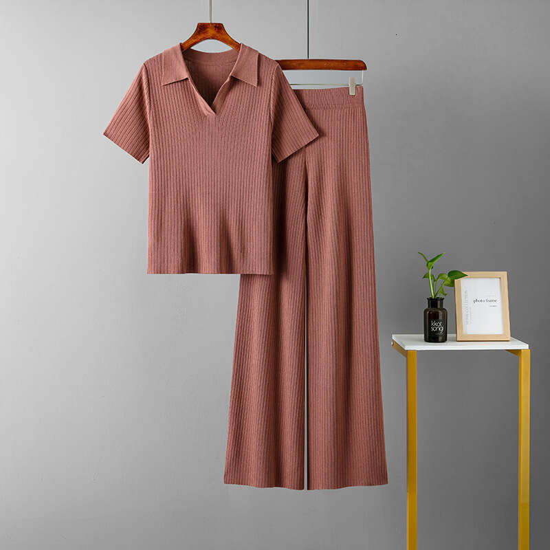 Women's Polo Collar Pullover Short Sleeve Top + Slimming Versatile Solid Color Wide Leg Pants Knitted Fashion Set