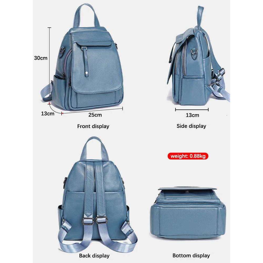 Zency Genuine Leather Women's Fashion Backpack High Quality School Travel Shoulder Bags Satchel Rucksack Multifunctional Pockets