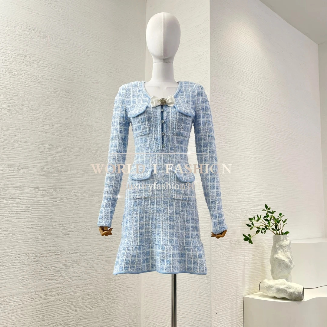 2025 Spring Elegant Womens Blue Knit Long Sleeve Bow Mini Dress High Quality 250617