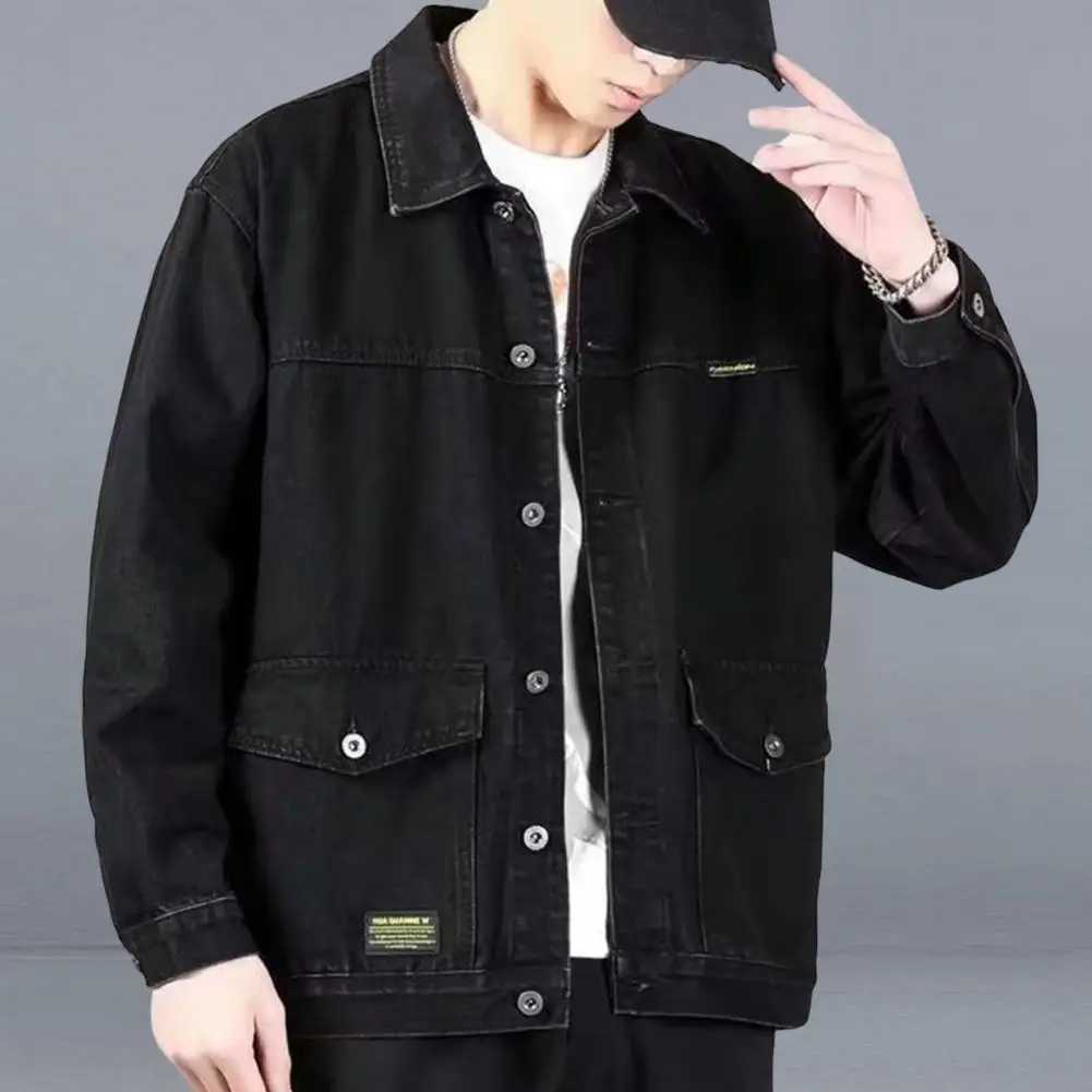 Versatile Denim Jacket Stylish Mens Denim Jacket with Lapel Collar Long Sleeves Large Pockets Fashionable Spring Autumn for Men XJ250621