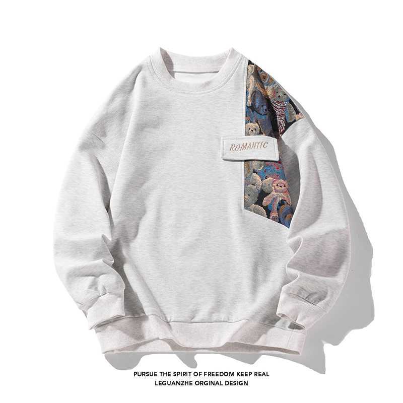 New Autumn Mens Pullover Sweatshirt Harajuku Embroidered Bear Pattern Loose Casual Round Neck Sweatshirts Unisex Fashion Hoodie XJ250621