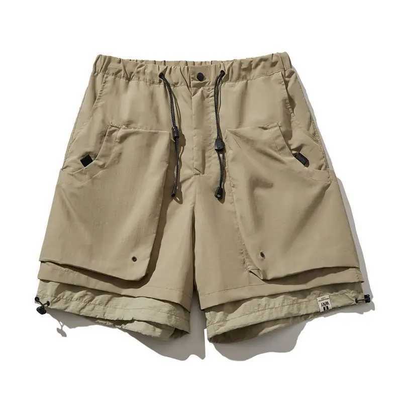 Loose Mens Cargo Shorts Black Elastic Waist with Draw String Male Short Pants Luxury Y2k Cotton Japanese Street Style Summer W250621