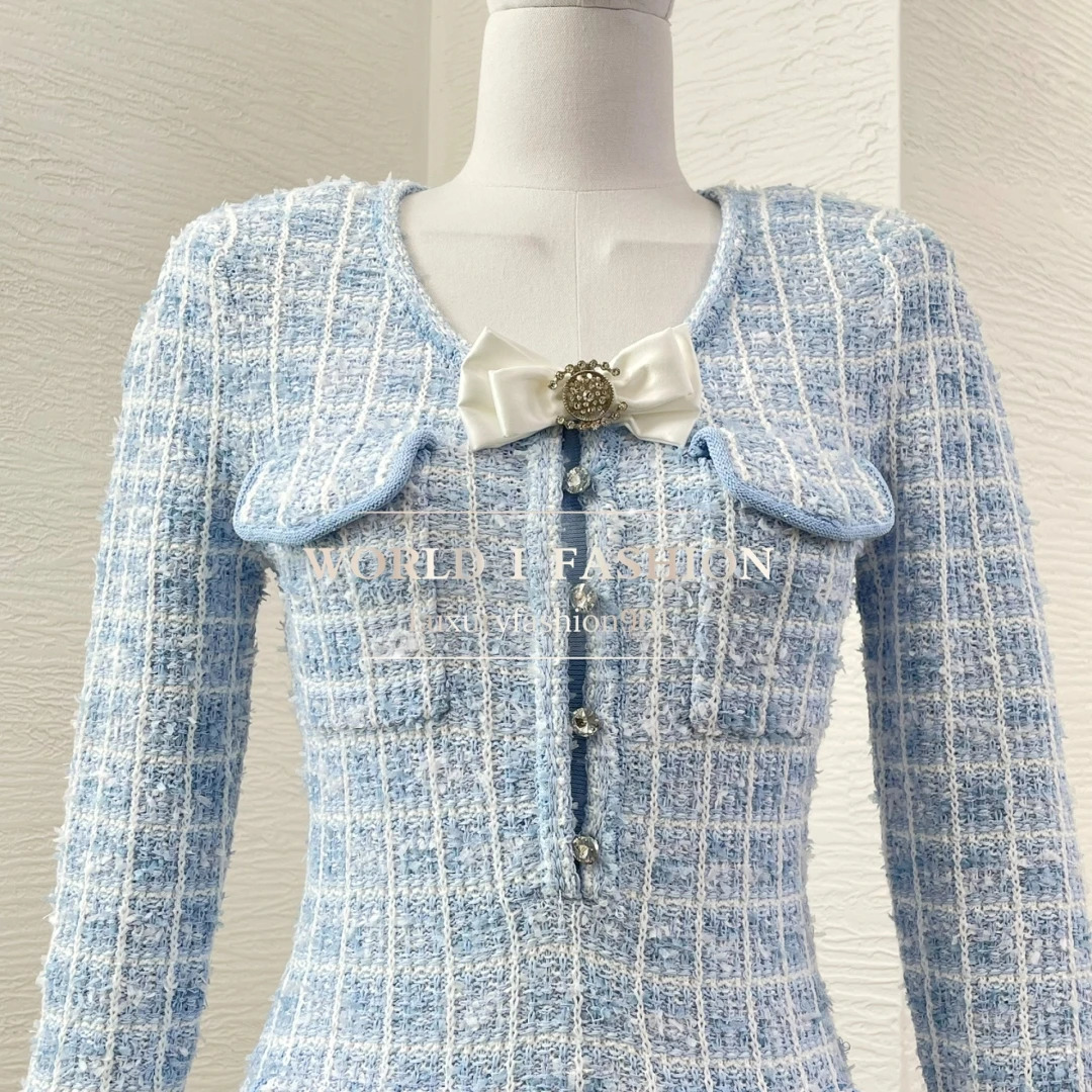 2025 Spring Elegant Womens Blue Knit Long Sleeve Bow Mini Dress High Quality 250617