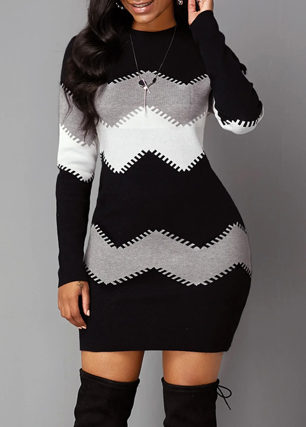 Autumn/Winter Womens Mid length Short Skirt Round Neck Long Sleeve Knitted Bottom Wrap Dress for Women 250617