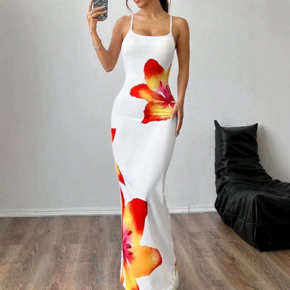 Long Dress Sexy Spaghetti Strap Printed Elegant Long Dress Sexy Long Skirt