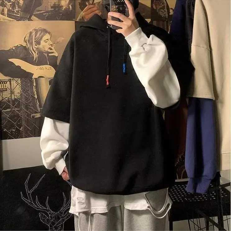 Autumn Trendy Oversize Ins Hip Hop Top Fake Two-piece Sweatshirt Men Hoodies Oversize High Street Jacket Hooded Top Spring XJ250621