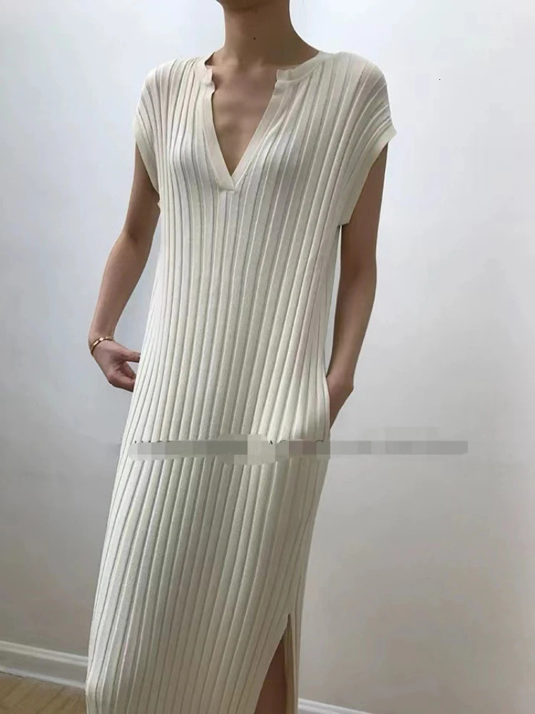 OCEANLOVE V Neck Solid Knitting Women Dresses Korean Fashion Chic Sleeveless Loose Vestidos Spring Summer Robe Femme 250617