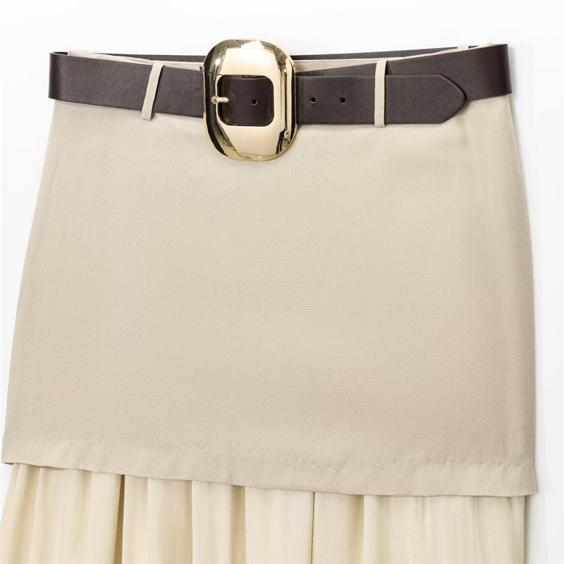 2025 Spring/Summer New Casual Women's Wear with Belt Splicing Midi Skirt Solid Color Versatile