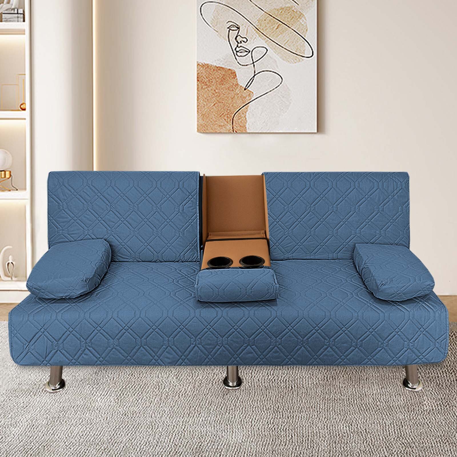 4-piece Waterproof Bed Mattress 3-seater Foldable Sofa with Cup Holder Futon Cover Cushion Set hot-sale products