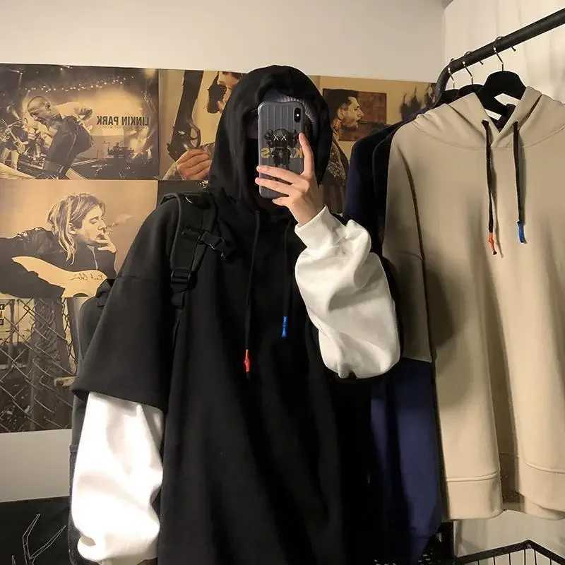 Autumn Trendy Oversize Ins Hip Hop Top Fake Two-piece Sweatshirt Men Hoodies Oversize High Street Jacket Hooded Top Spring XJ250621
