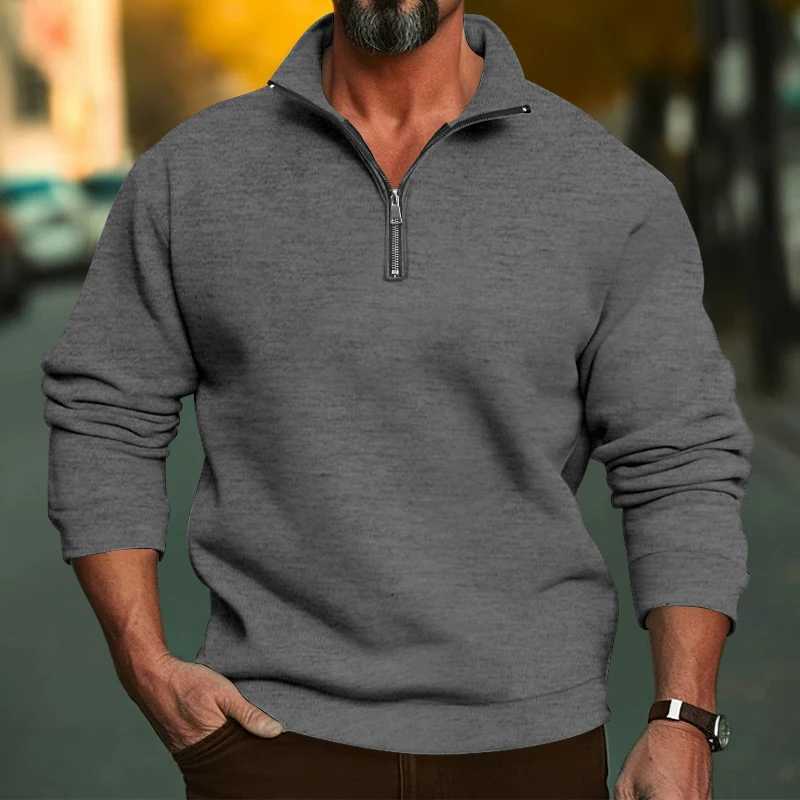 Autumn and winter Napped fabric mens casual long sleeve hoodie solid color half zip stand collar T-shirt top mens pullover Z250621