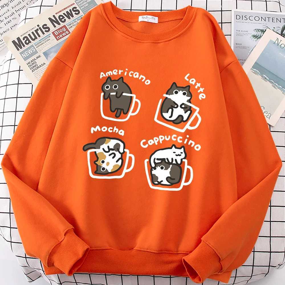 American Style Coffee Cat Cute Print Cartoons Hoodie Men Women Sweatshirt Loose Warm Clothes Personality Autumn Hoody Couple XJ250621