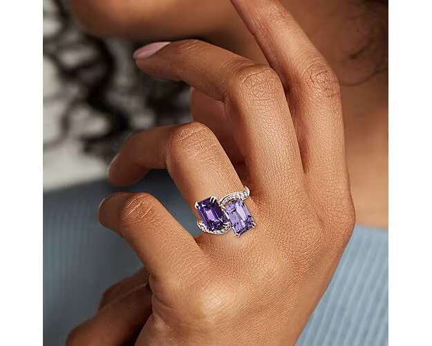 Wedding Engagement Jewelry High-end 14k Rose Gold Emerald Cut Amethyst Diamond Two Stone Ring