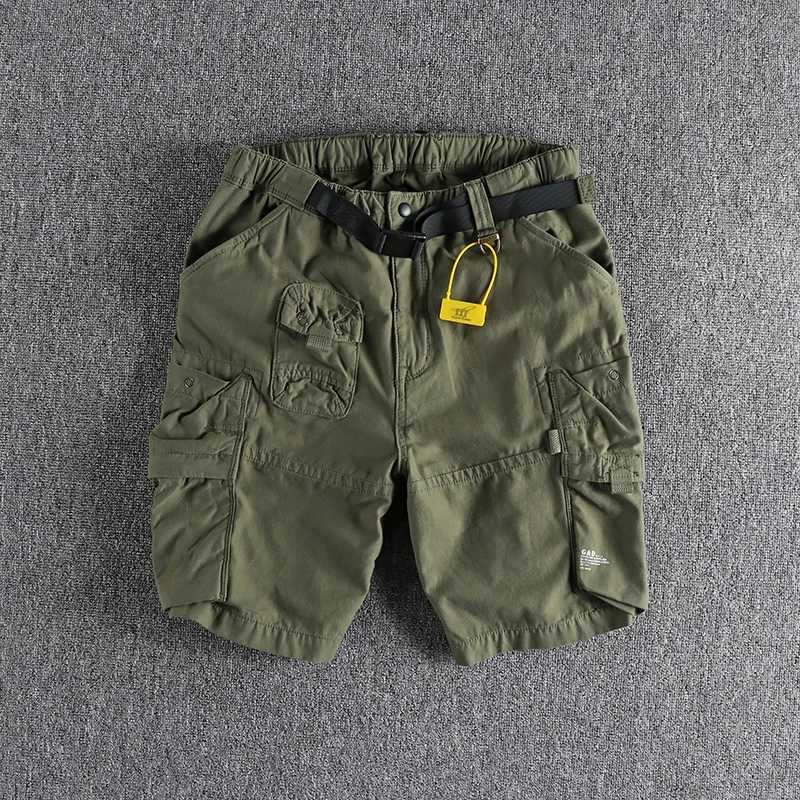 Summer New American Retro Cityboy Outdoor Cargo Shorts Mens Pure Cotton Washed Casual Multi-pocket 5-point Trousers with Belt W250621