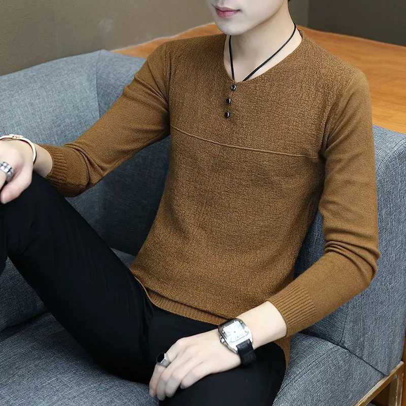 Fashion Solid Color V-Neck Knitted Button All-match Sweater Mens Clothing 2022 Autumn New Casual Pullovers Loose Korean Tops Z250621
