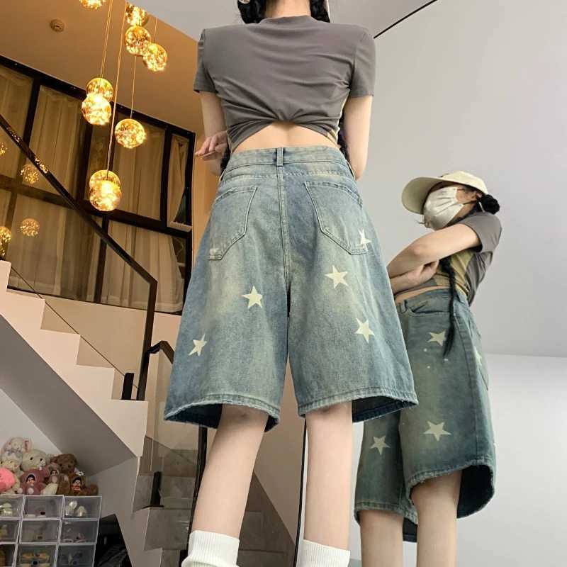 Neploe American Vintage Washed Star Denim Shorts Y2k High Waist Straight Wide Leg Jeans 2025 New Loose Knee-Length Pants W250621