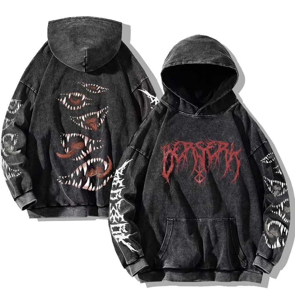 Mens Berserk Hoodies Gothic Print Vintage Washed Hoodie Hip Hop Streetwear Cotton Sweatshirts Y2k Oversized HoodieXJ250621