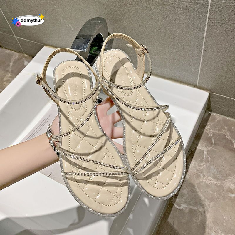 Women's Summer New Fairy Style One-Strap Rhinestone Flat Transparent Sole Outdoor Sandals Versatile Trendy ddmythur