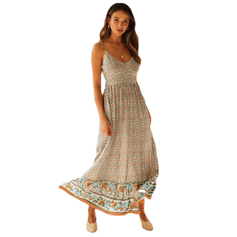 X6201New Swing Skirt Amazon European and American Women's Bohemian V-neck Suspender Floral Dress