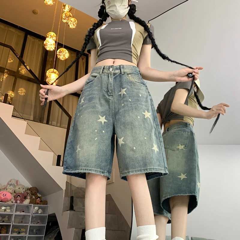 Neploe American Vintage Washed Star Denim Shorts Y2k High Waist Straight Wide Leg Jeans 2025 New Loose Knee-Length Pants W250621