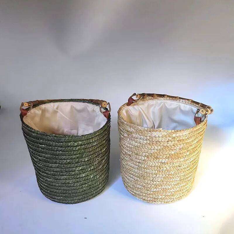 New Bucket Straw Grass Handbag, Genuine Bamboo Handle, Grand Hand Woven Flower Basket, Forest Style Women's Bag