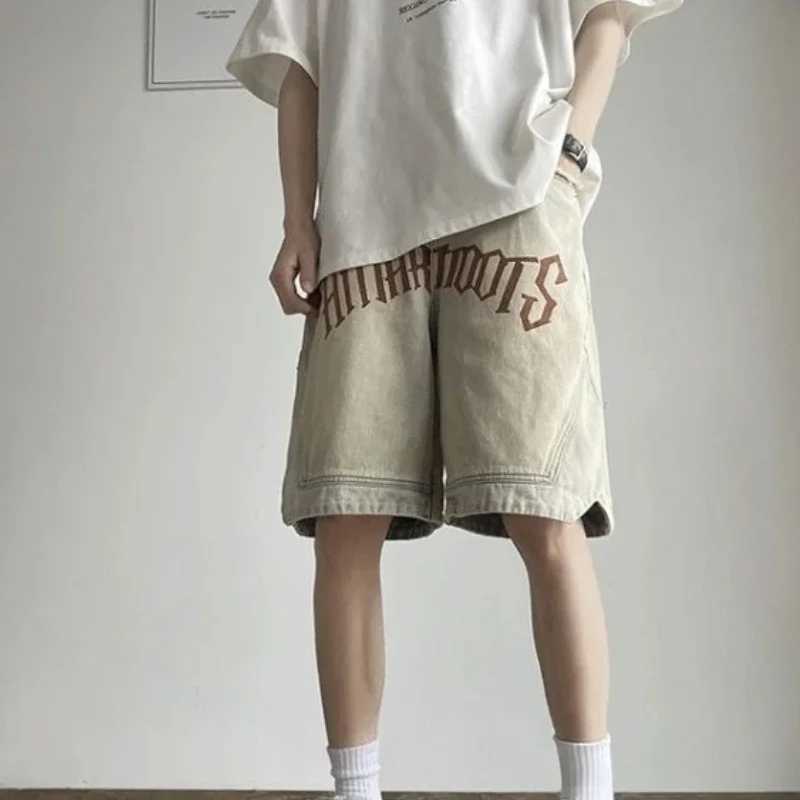 Bermuda with Text Loose Long Baggy Mens Denim Shorts with Pockets Short Jeans Pants for Men Half Wide Emo Summer Blue Vintage Buttons W250621